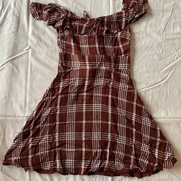 Cottagecore Dark Brown Plaid Lined Mini Dress Ruffle and Tie - Picture 1 of 8